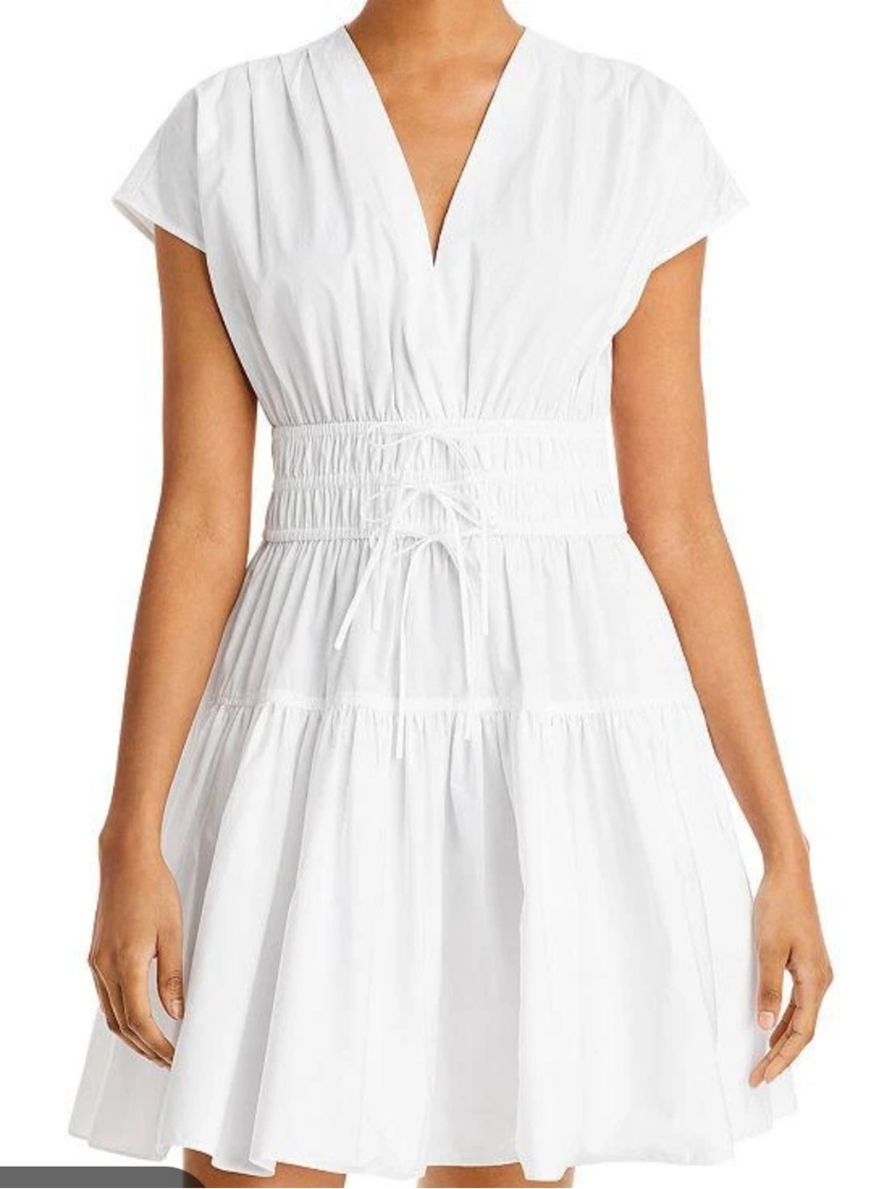 Derek Lam White V-Neck Smocked-Waist Midi Dress